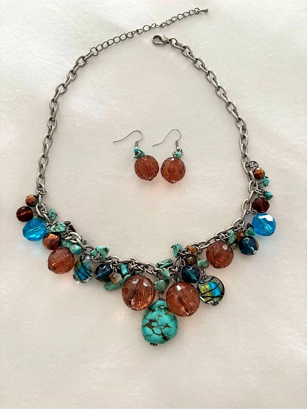 Beaded Necklace & Earrings in Blue & Brown Like New